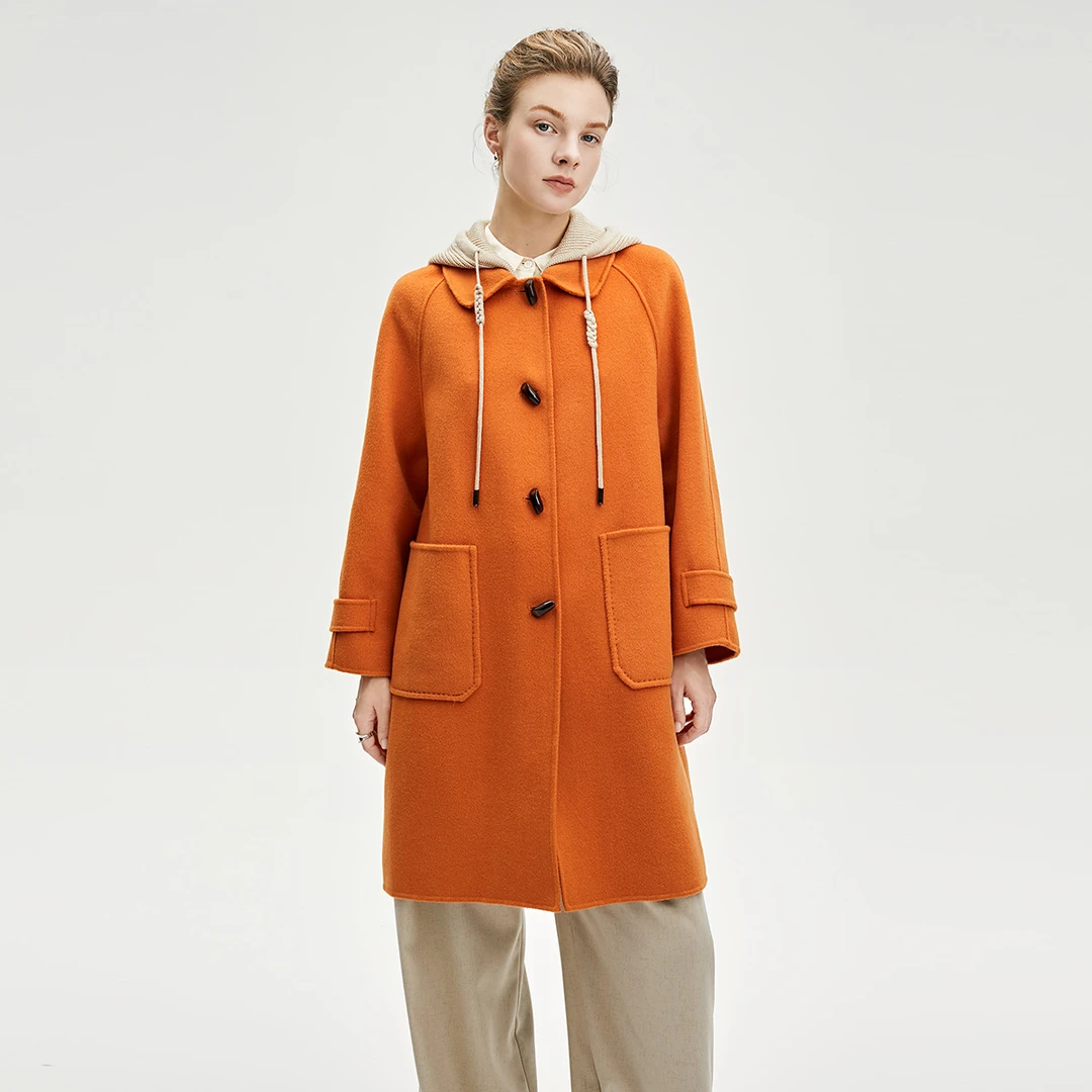 2025春装新款女中长款毛呢外套翻领戴帽羊毛大衣宽松呢子外套2880