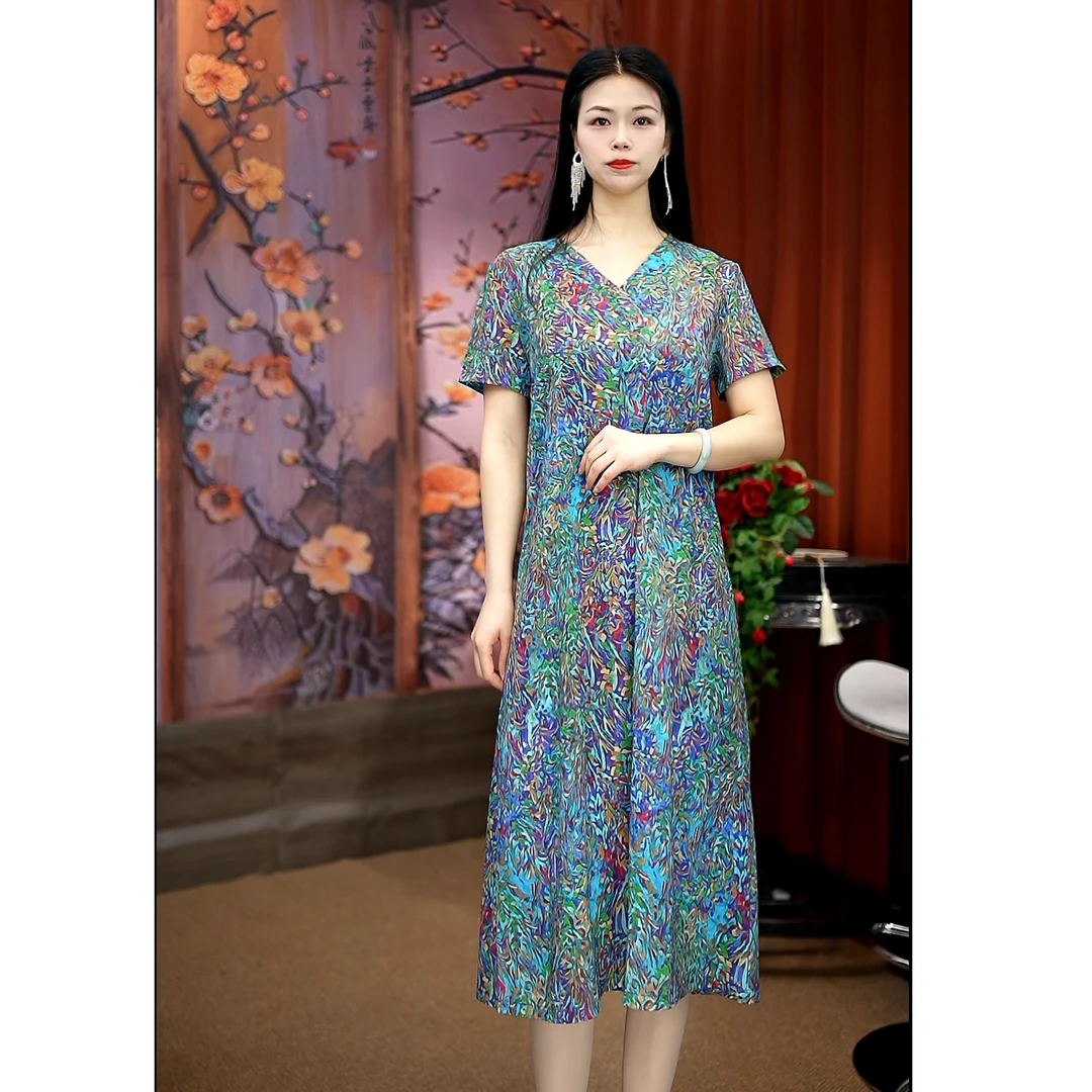 七彩琉璃气质大码时尚大摆裙中长裙夏季短袖连衣裙长裙碎花