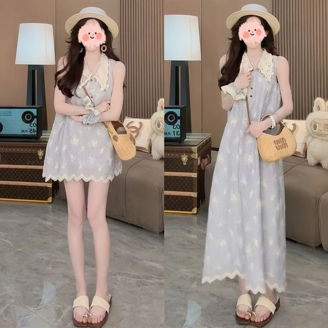 甜美可爱风格衣服2025夏季度假刺绣蕾丝花边领无袖条纹连衣裙显瘦