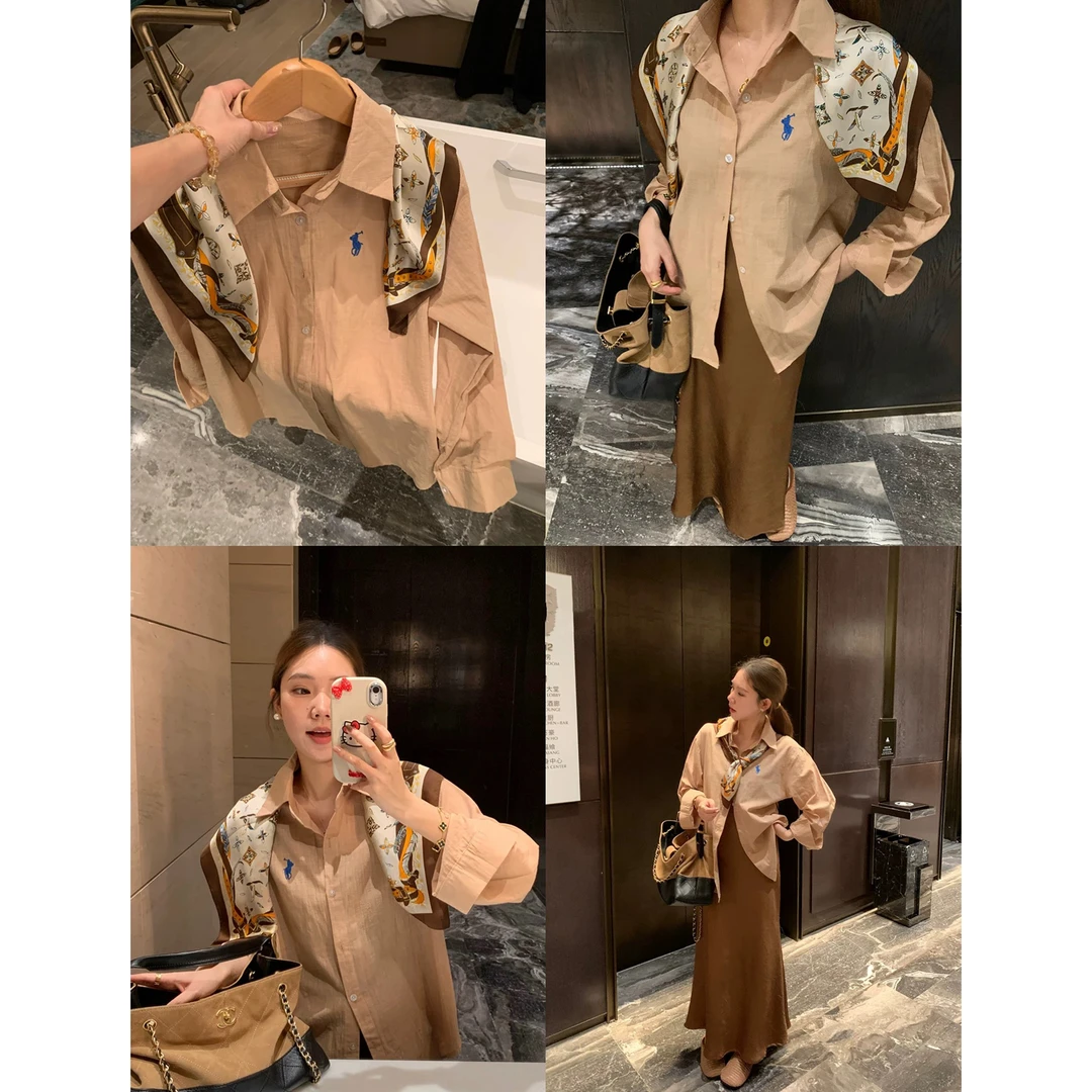 气质老钱风高级翻领宽松百搭丝巾衬衫上衣+百搭垂感连衣裙C 9217#
