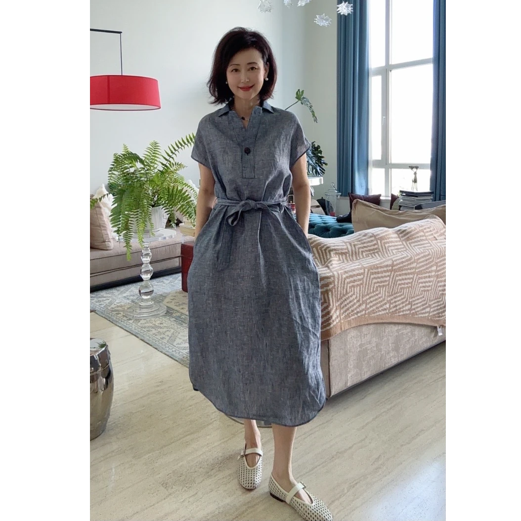 【维姐精选】TY 色织亚麻牛仔色系带连衣裙