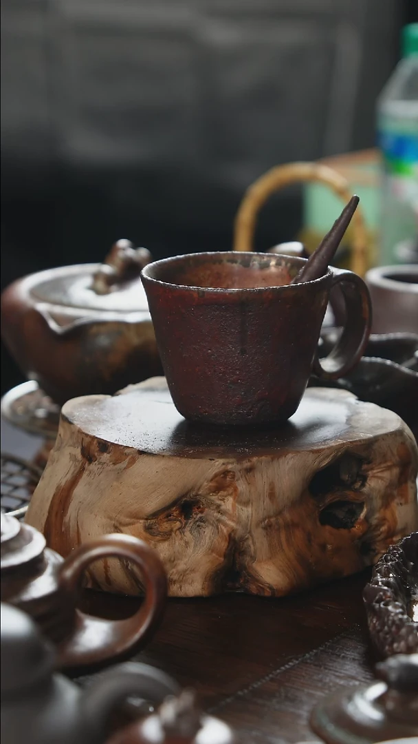紫砂全手工正把斗笠咖啡杯+瓢