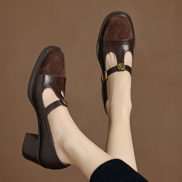 羊皮6公分法式浅口夏季玛丽珍粗跟女鞋时尚软底真皮丁字带单鞋