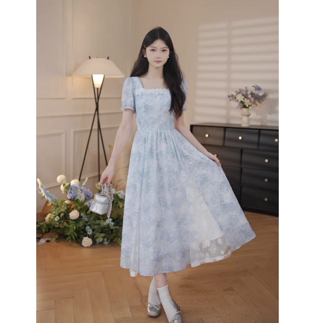 鹿向南「风传花信」法式气质甜美女夏季新款立体碎花印花连衣裙