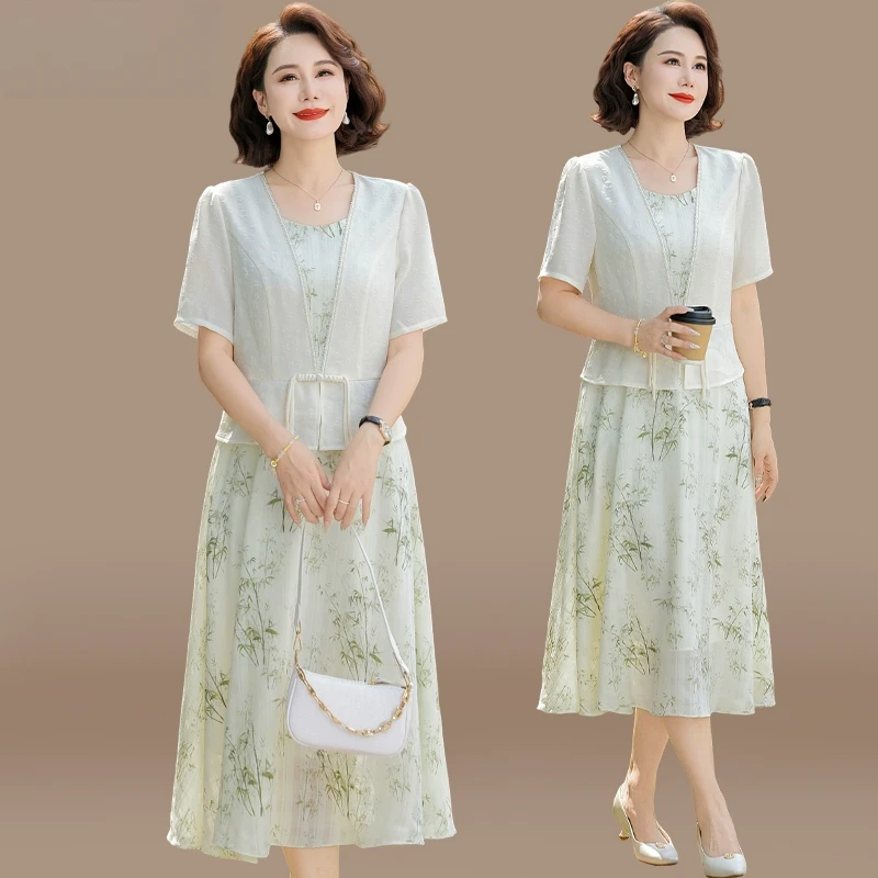 年轻妈妈夏装连衣裙新中式短袖裙子洋气中老年女装夏季碎花雪纺裙