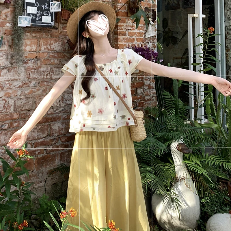 轻氧日杂感碎花衬衫搭阔腿裤女2025夏季新款俏皮撞色两件套装9722
