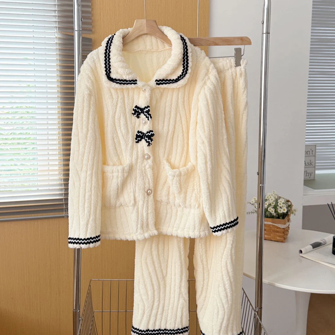 秋冬蝴蝶结睡衣甜美套装加绒保暖两件套可外穿家居服