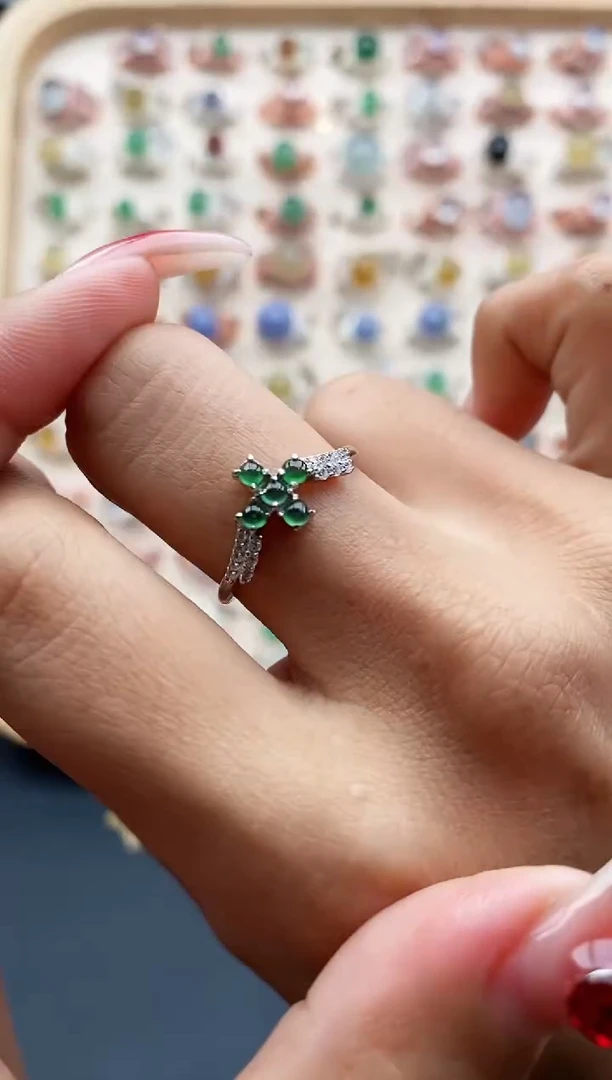 【闪购商品】翡翠戒指银S925镶嵌缅甸天然A货翡翠444 9+