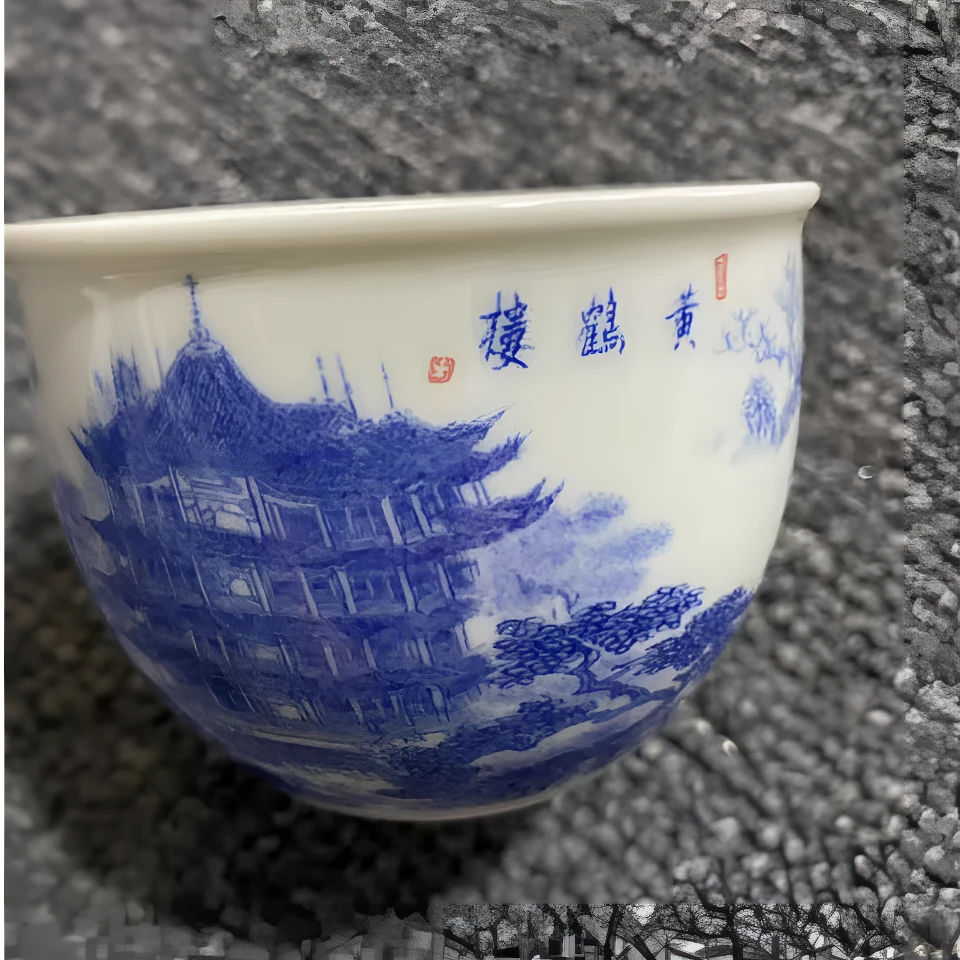 景德镇青花陶瓷画面黄鹤楼陶瓷缸杯，口径7.3厘米，容量80毫升左右