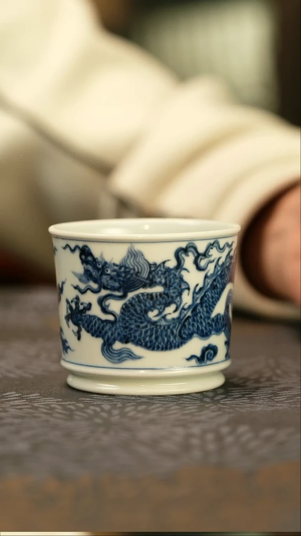 中式仿明青花铠甲龙纹容天杯