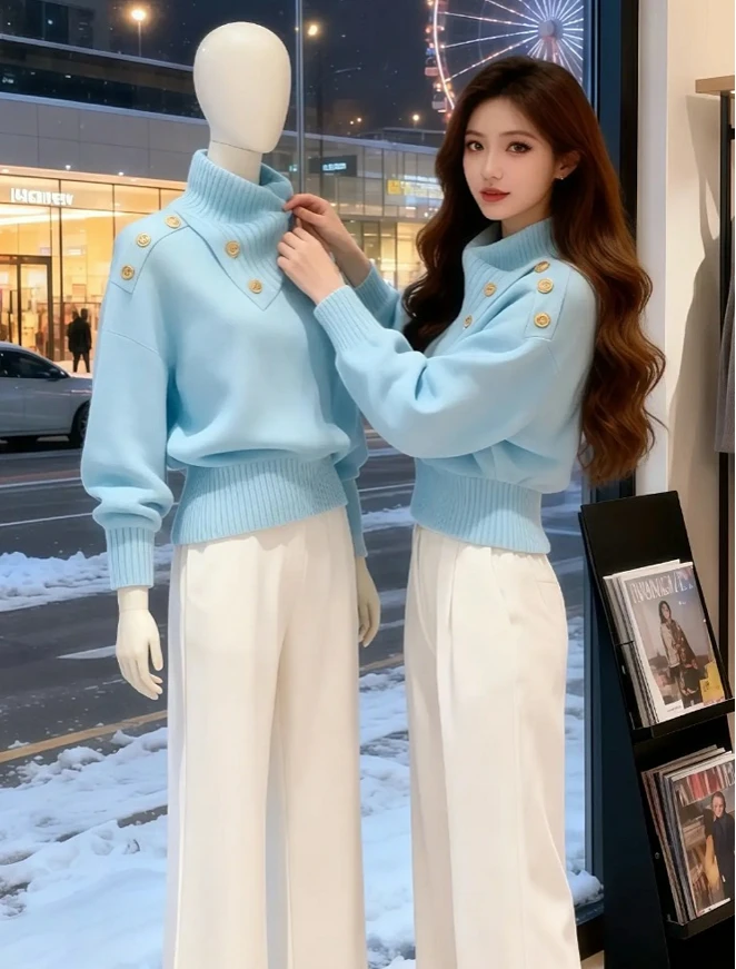 今年流行漂亮复古软糯慵懒风上衣绝美蓝色不规则领针织衫毛衣女秋