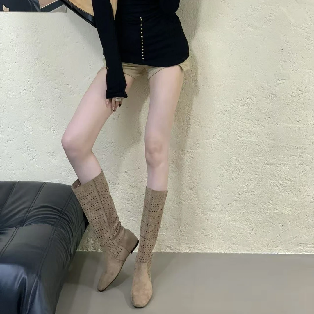 夏季长筒时装靴镂空内增高3cm绒面简约低跟长靴