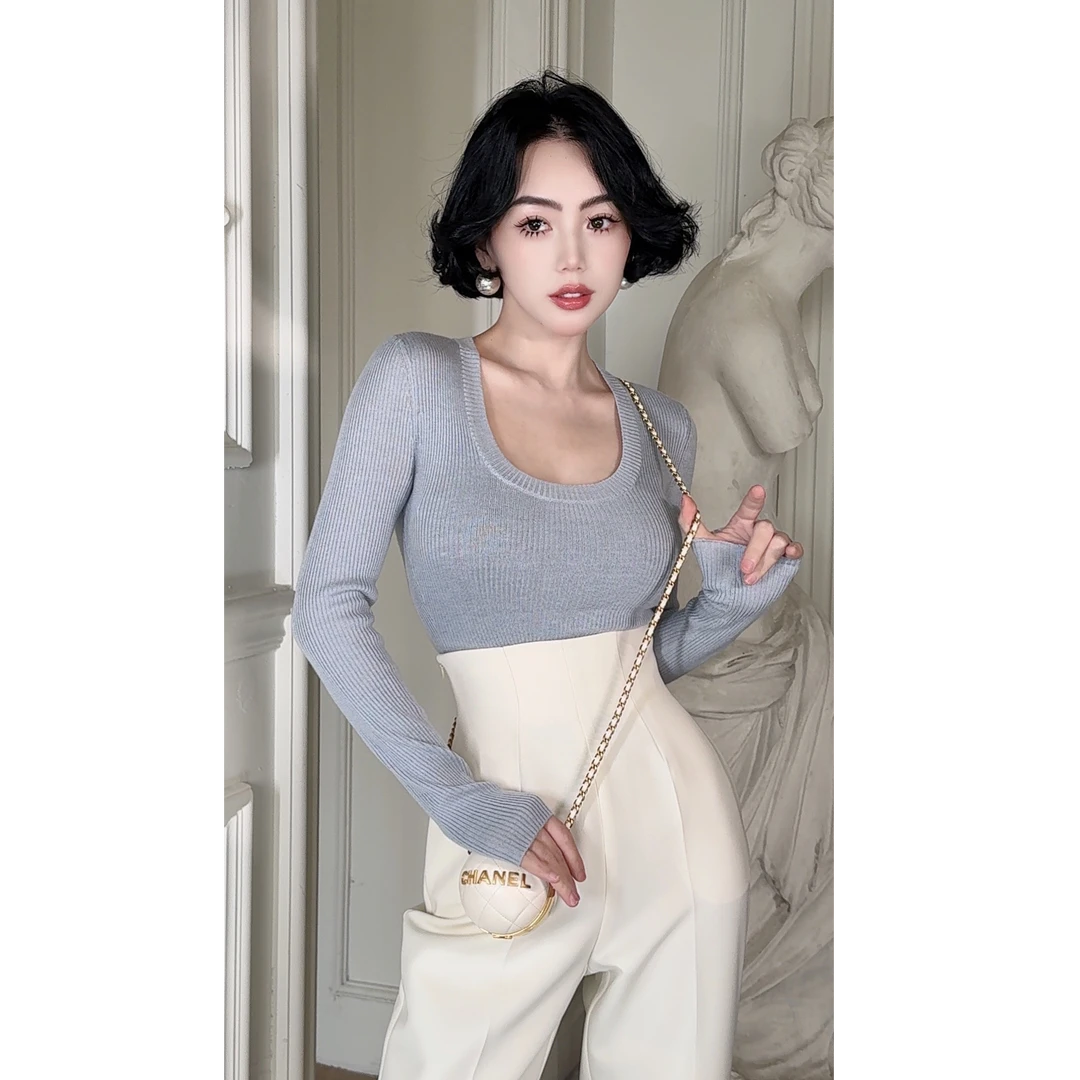 LYXJ【黑玫冰蓝】秋季极简主义U领针织衫11362