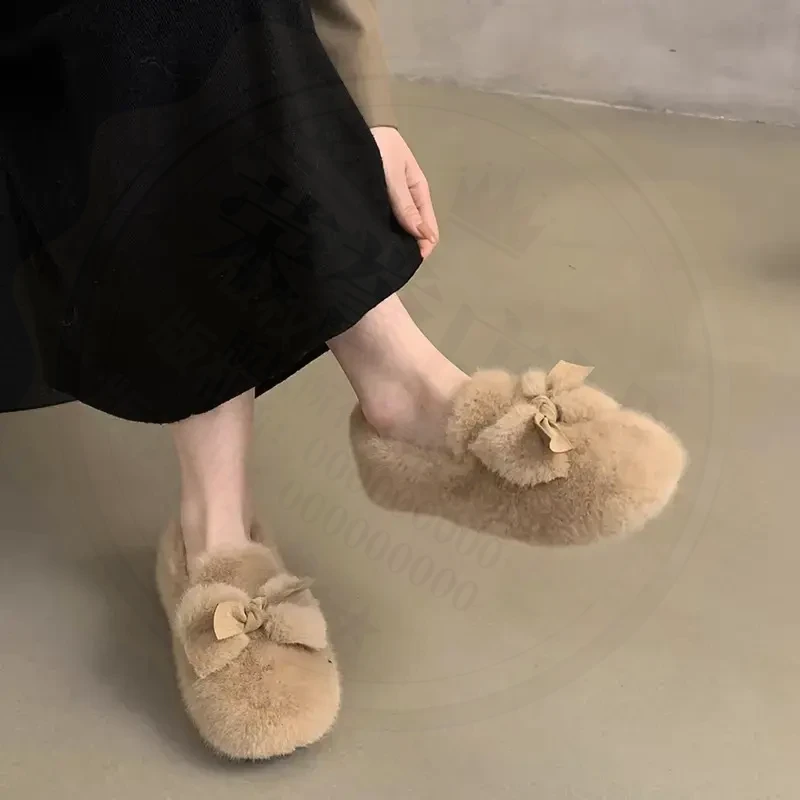 一蹬白色毛绒仙女毛毛鞋子女秋冬季外穿加绒2025新款孕妇豆豆鞋