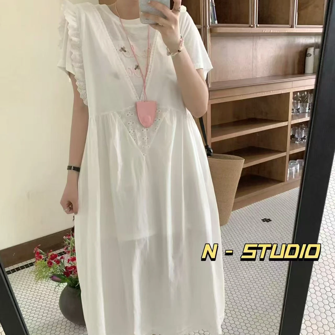 【纯熙+】W2855夏季新款提花刺绣T恤短袖+背心连衣裙两件套韩版宽松