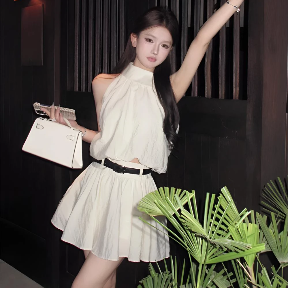 希妮丝裙子套装气质名媛风无袖花苞显瘦上衣女高腰半身裙两件套