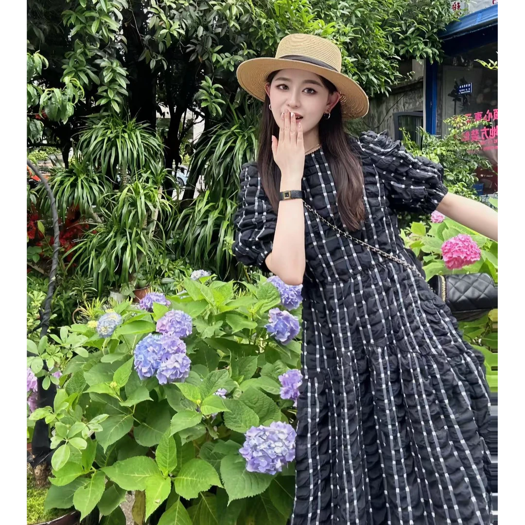 GIRDEAR/哥弟夏季气质法式复古格纹 温柔度夏宽松连衣裙  1500451