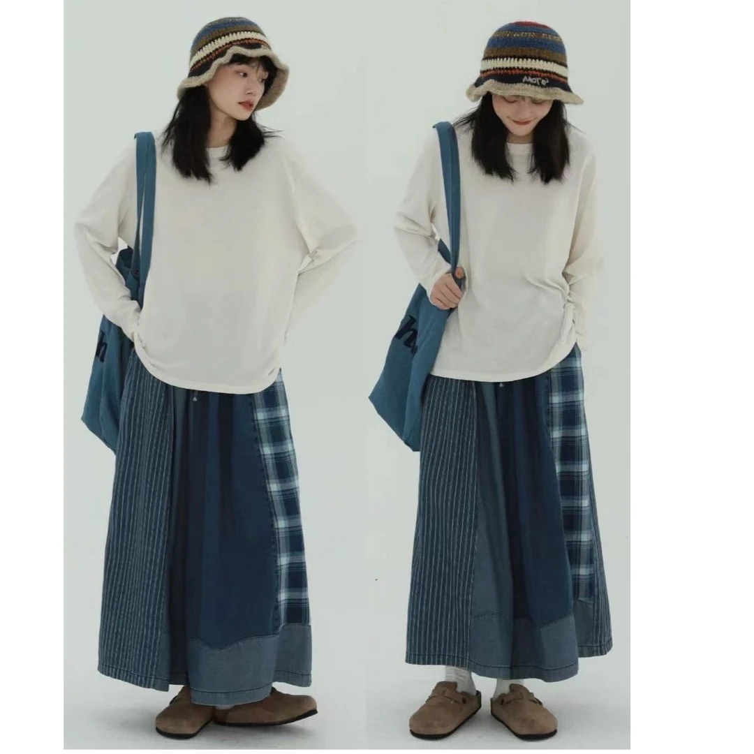 030-  日系牛仔拼接阔腿裤宽松垂感小个子高腰阔腿拖地裤女