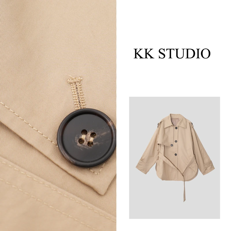 淇老板KK Studio秋季长袖口袋翻领时尚百搭气质短款风衣9307