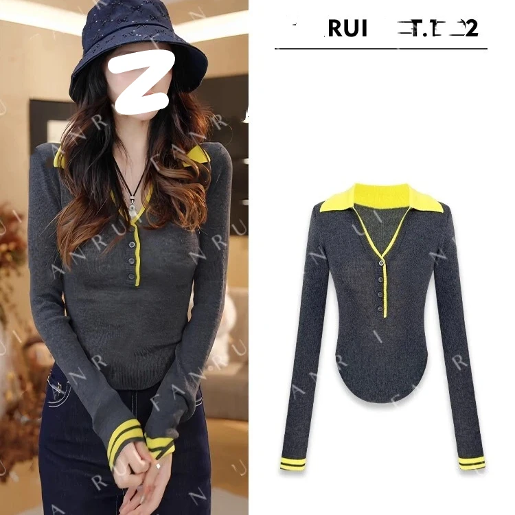 秋冬韩版纯欲甜美辣妹Polo领显瘦针织衫撞色性感修身时尚设计上衣