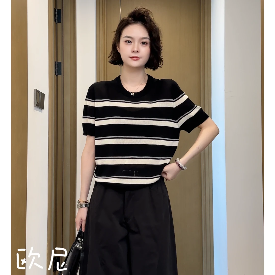 欧尼私服 2025夏慵懒休闲圆领撞色条纹短袖针织衫2504C2283