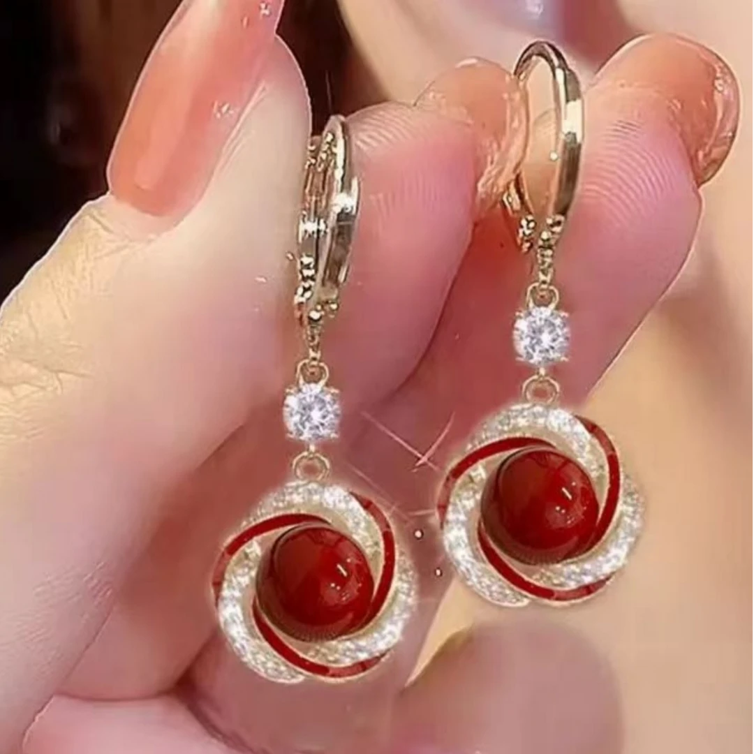 锌合金耳饰 红色2025珠珠耳钉女精致小巧 耳饰高级感法式优雅耳环