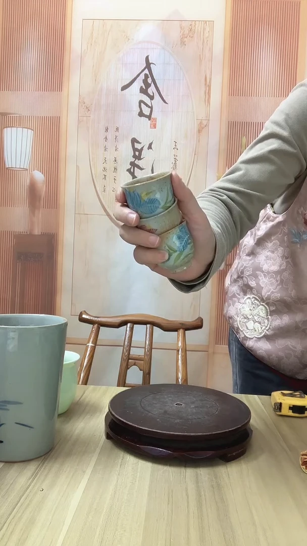 瓷汤*饭手绘陶泥玲珑 小品名杯 3个