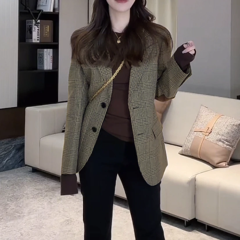 奢级拼接定制面料轻奢复古格纹西装外套时尚气质百搭高级感复古女