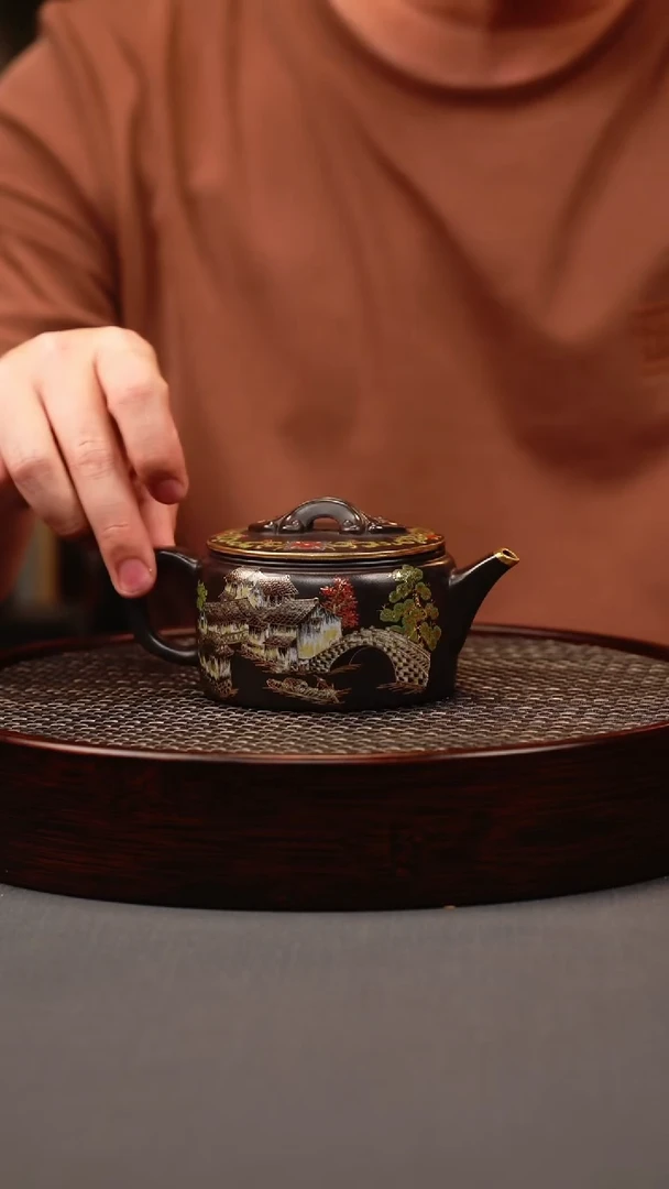 茶壶紫砂石黄 汉瓦 忆江南珐琅彩