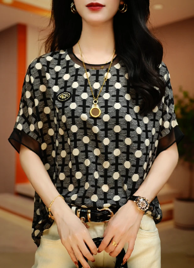 摩登格点-夏季极简风减龄优雅轻奢时尚百搭气质圆领上衣