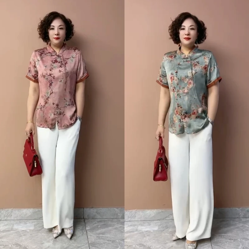 430夏季新中式国风真丝立领旗袍衫妈妈时尚衬衫遮肉显瘦开衫上衣