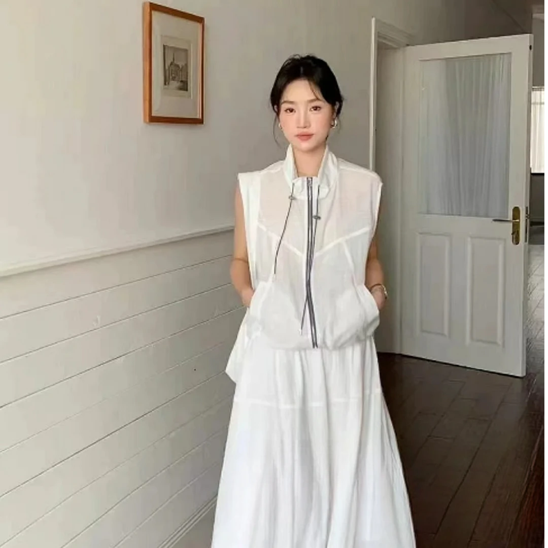 【素白悠韵】极简风时尚套装夏季复古背心国风白色上衣半身裙两件套