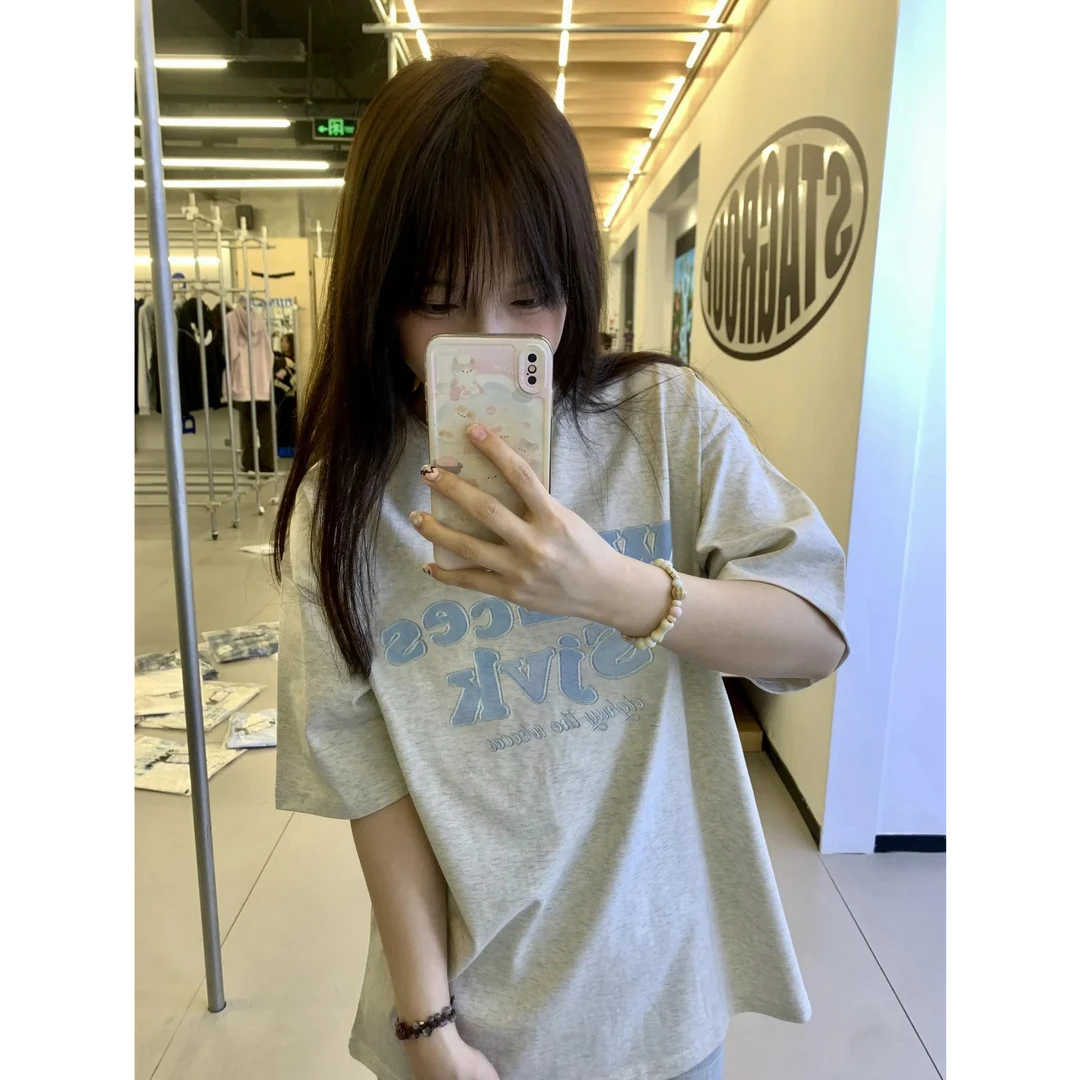 美式复古贴布字母刺绣正肩短袖t恤女夏季宽松慵懒风情侣百搭上衣