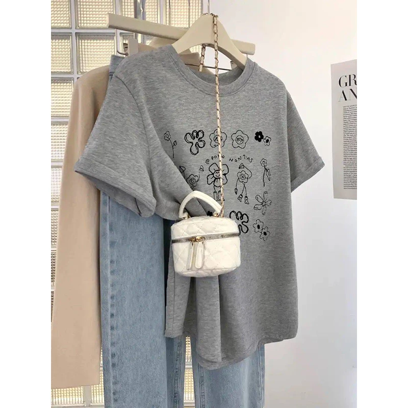 灰色花朵正肩短袖t恤女夏季宽松高级感设计感小众半袖上衣中长款