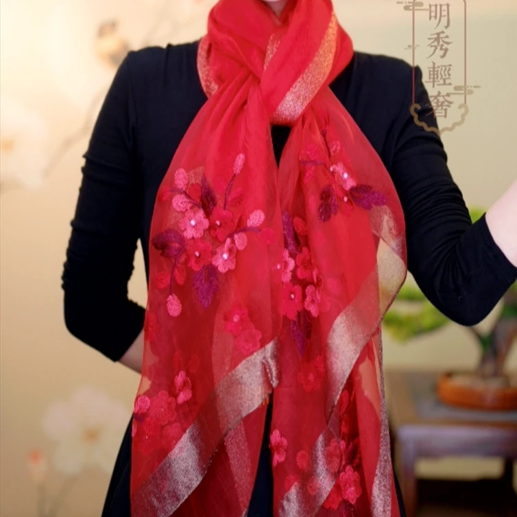 红色海棠花高档桑蚕丝气质时尚女士围巾穿搭
