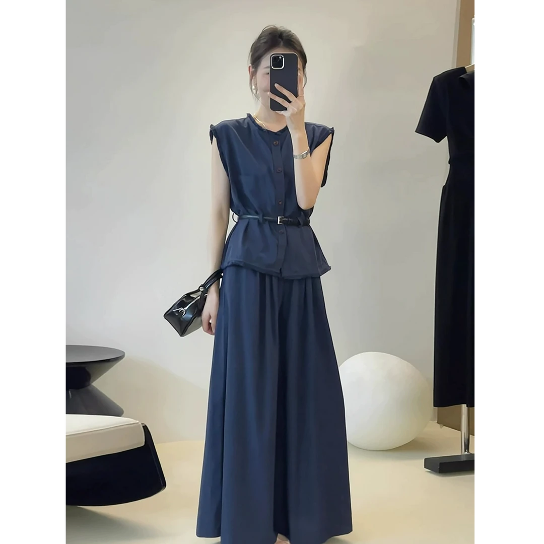 韩系高级感圆领收腰背心衬衫女2025夏季新款时尚百搭宽松裤子套装