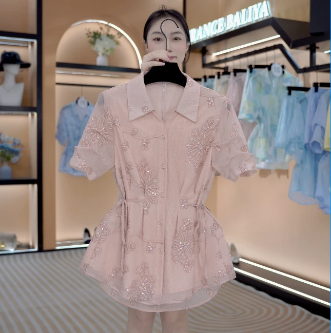 “小秘密”夏季欧若风新款设计师时尚显瘦遮肉衬衫套装 F076