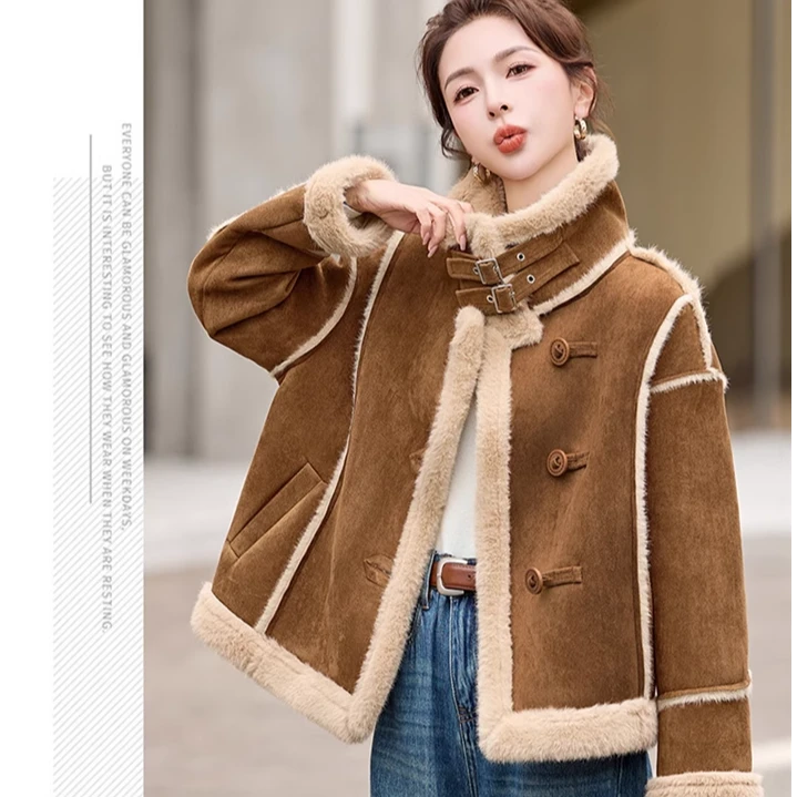 美拉德香影奥莱高级感麂皮绒公主貂绒毛一体加绒加厚保暖机车外套