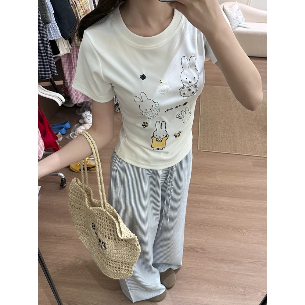 美式创意刺绣正肩带短袖修身显瘦T恤小众设计感时尚百搭圆领上衣