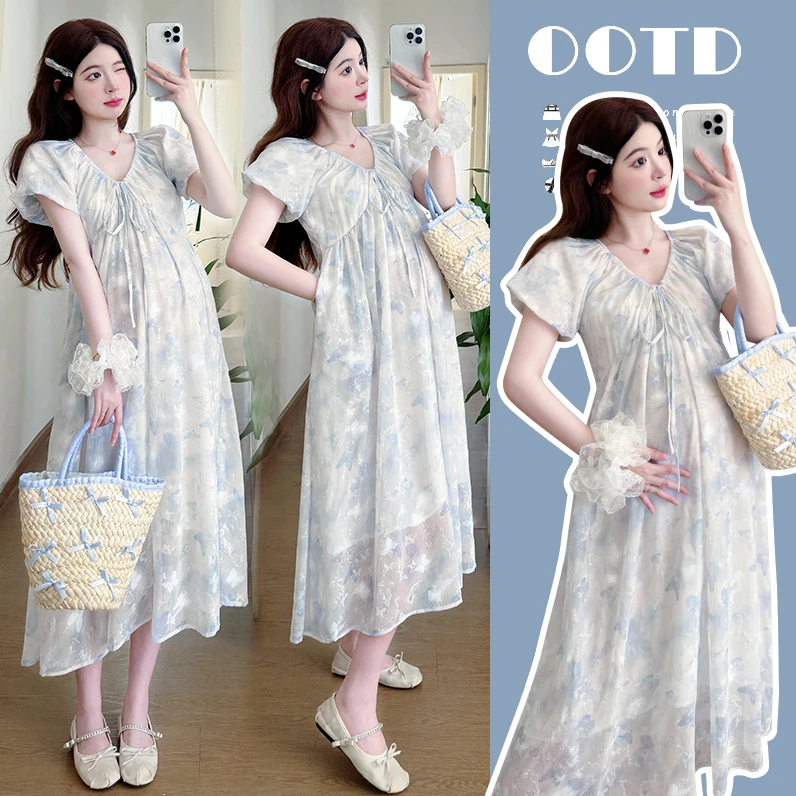 时髦孕妇装新款2025高级感轻奢风宽松时尚显瘦闪闪蝴蝶夏天连衣裙