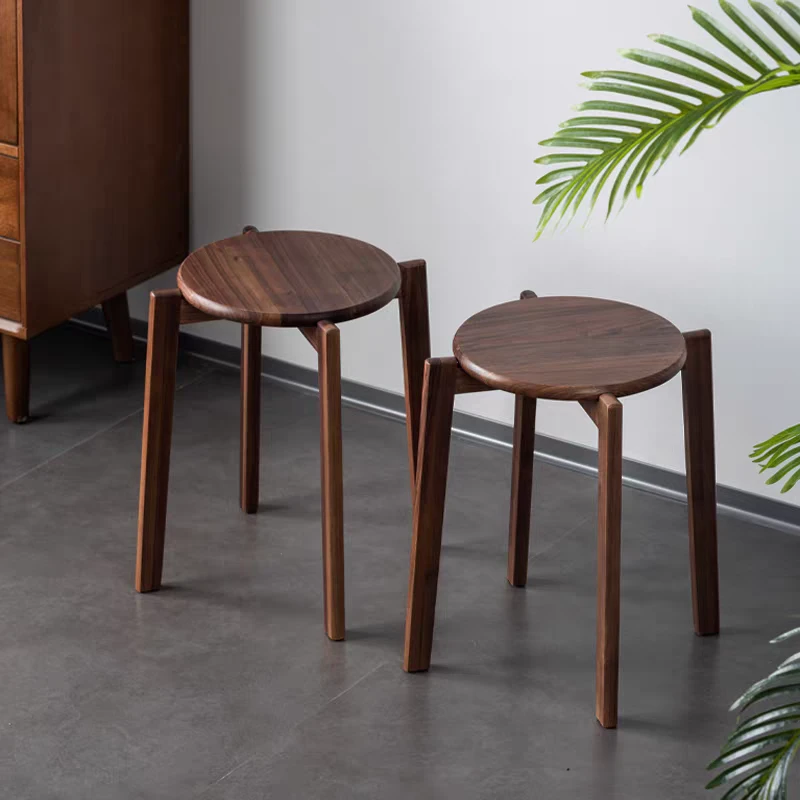 居图独写黑胡桃木中式实木木圆凳可叠放家用简约餐厅实木椅餐桌凳