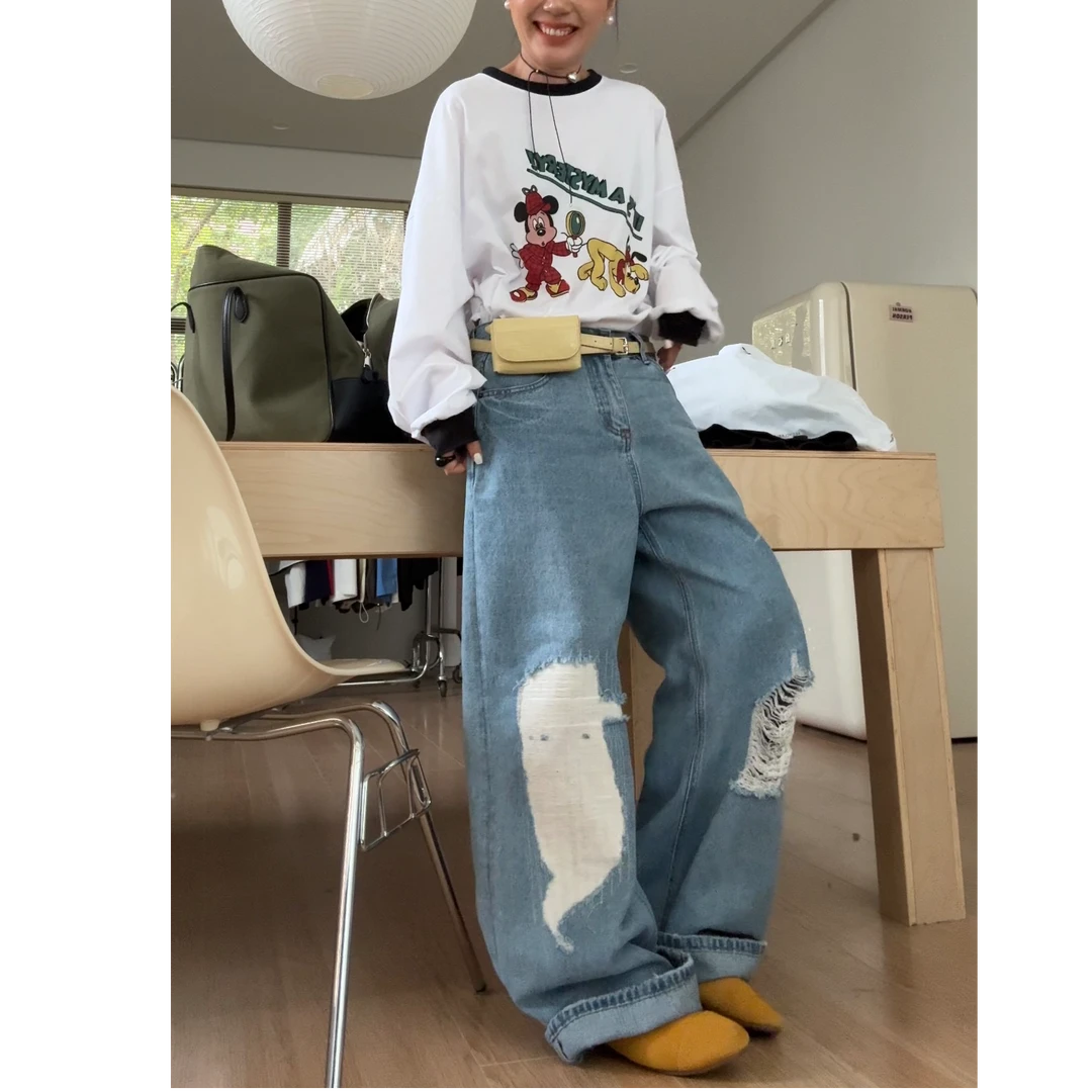 春季新款韩系时设计款磨破洗水破洞牛仔裤81095