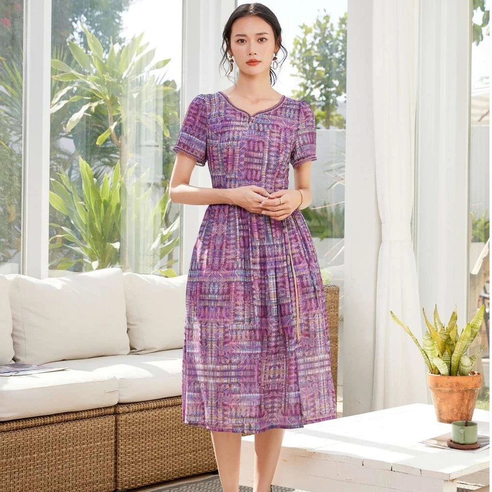 Z9379-5夏季新款紫色时尚连气质衣裙修身裙子碎花