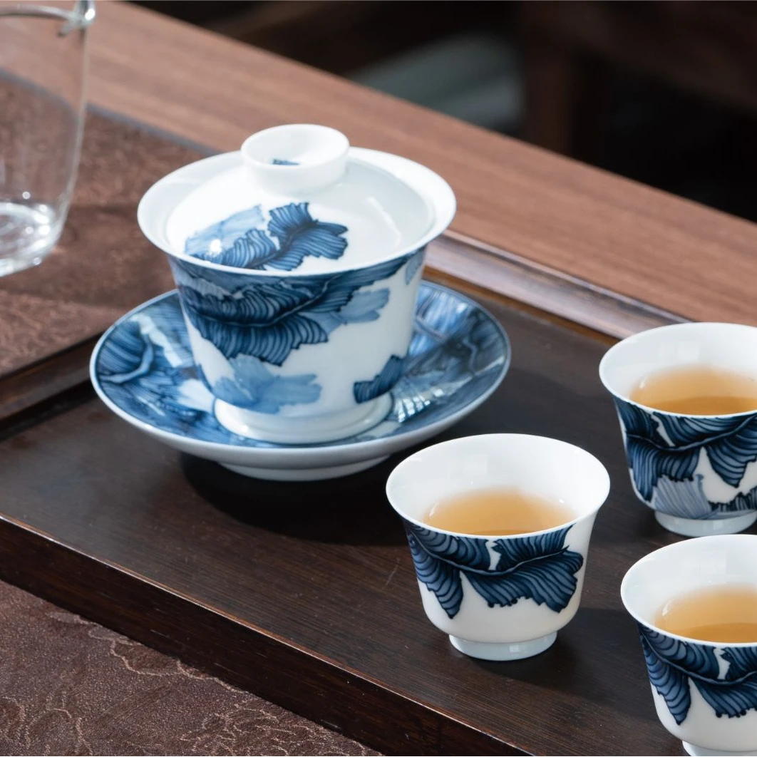 景德里苏麻离青茶具盖碗杯茶杯一壶四杯送礼礼盒装网红景德镇盖碗