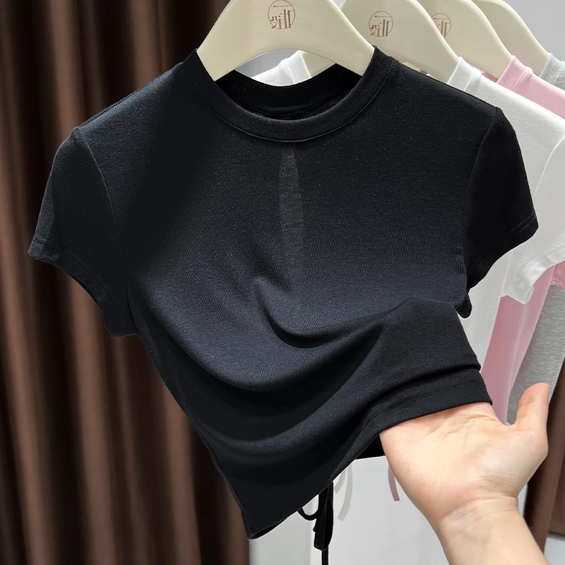 黑色简约小圆领短袖T恤收腰显瘦打底衫设计感后背镂空外穿上衣女