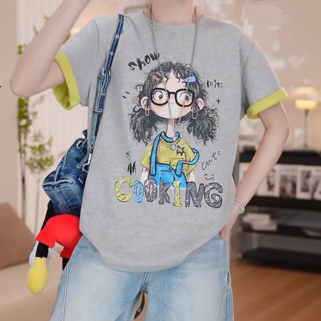 设计感卡通人物印花拼色短袖休闲T恤女2025新款春夏套头圆领上衣