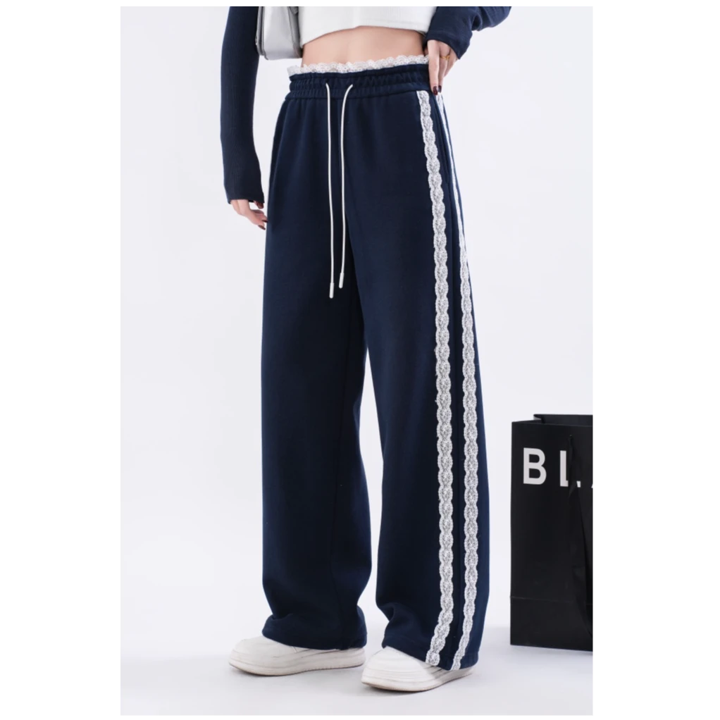 蕾丝花边高腰拼接原宿风宽松休闲两穿春秋卫裤