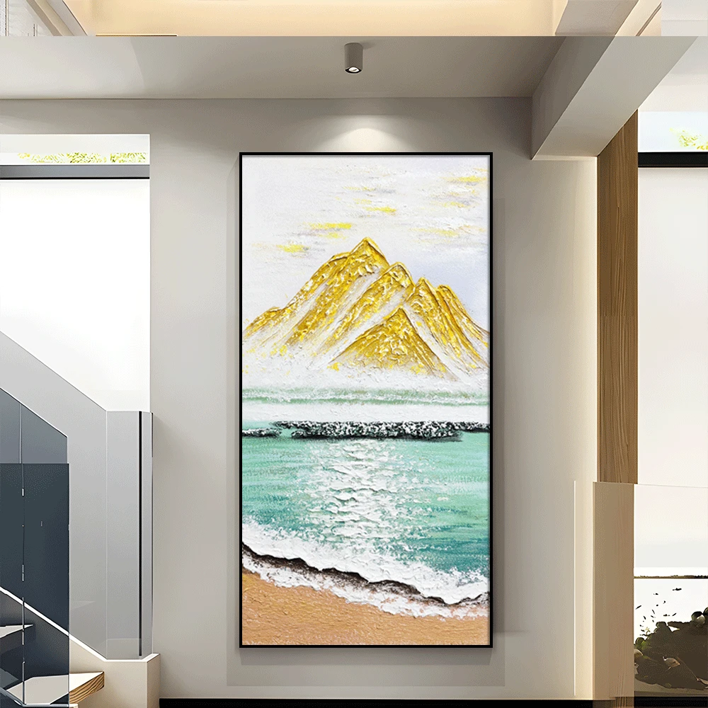 现代手工油画日出海浪玄关金山挂画客厅背景墙装饰画肌理画008