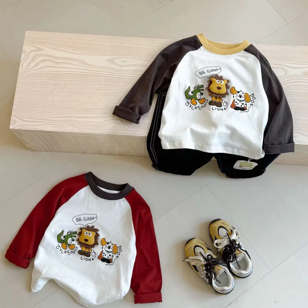 中小童春秋新款可爱卡通印花洋气拼色纯棉长袖男女童休闲时尚上衣