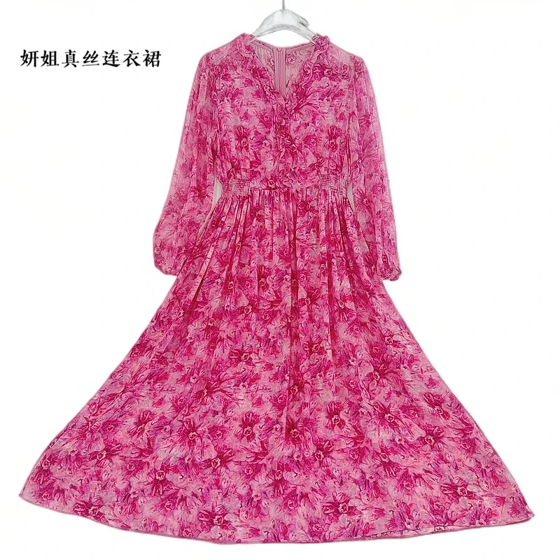 真丝连衣裙2025夏桑蚕丝长袖轻奢印花气质时尚优雅 粉花色 230179